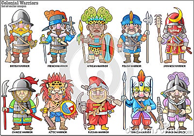 Warriors of the colonial era, set of vector images Vector Illustration