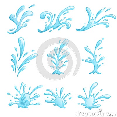 Cartoon water stylized waves and splashes set. Sea, ocean, pool symbols in comic style. Blue water drops. Vector illustrations Vector Illustration