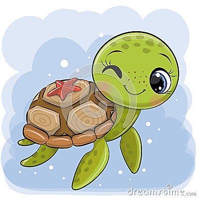 Cartoon water turtle on a blue background Vector Illustration