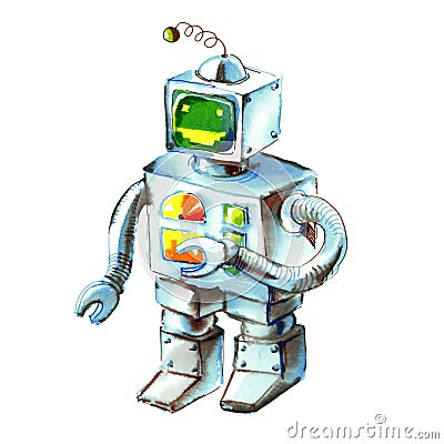 Cartoon watercolor doodle robot Stock Photo