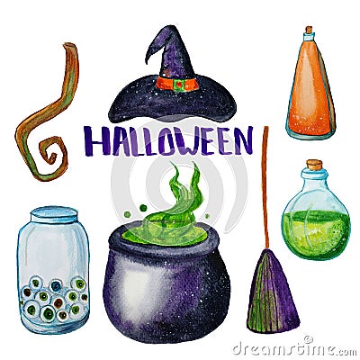 Cartoon watercolor hand-drawn set of different items for the holiday Halloween: bottles with poison, witch cauldron with green Stock Photo