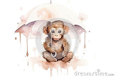 cartoon watercolor monkey with umbrella on white background Stock Photo