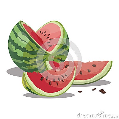 Cartoon watermelon. Sliced sweet watermelon. Pieces of juicy fruit. Summer vitamin fruit. Illustration for children. Vector Illustration