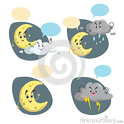 Cartoon weather characters set. Friendly crescent moon, rain cloud with raindrops and thunderstorm cloud with lightning. Speech b Vector Illustration