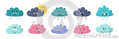 Cartoon weather clouds. Cute character, cloud emotions. Isolated angry, joyful sad faces. Baby shower design, snowy or Vector Illustration
