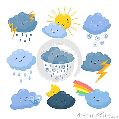 Cartoon weather clouds. Rain, snow elements. Heavenly cloudy shapes, storm and lightning, sun and moon. Meteorological Vector Illustration
