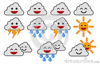 Cartoon weather icons. Happy clouds. Stock Photo