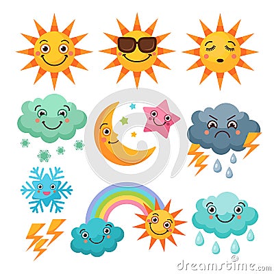 Cartoon weather icons set. Funny pictures isolate on white background Vector Illustration