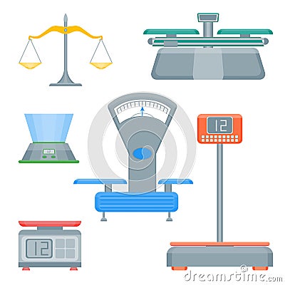 Cartoon Weight Scales Color Icons Set. Vector Vector Illustration