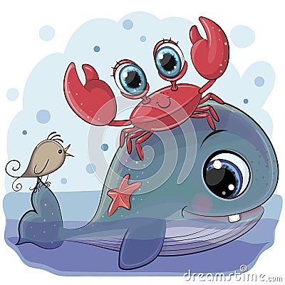 Cartoon Whale with crab and bird Vector Illustration