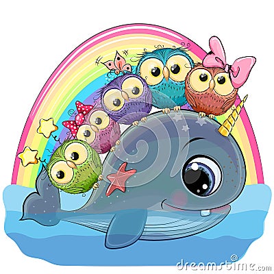 Cartoon Whale with with horn and five owls Vector Illustration