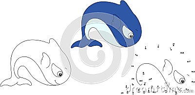 Cartoon whale. Vector illustration. Coloring and dot to dot game Vector Illustration