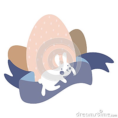Cartoon White Bunny and Cute Chick Eggs with Pattern and Sweet Violet Ribbon. Easter or Kid Vector Illustration. Soft pastel Stock Photo
