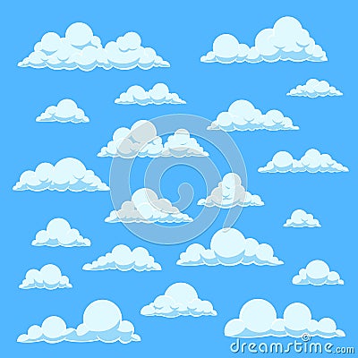 Cartoon white clouds. Blue sky with different cloud shapes. Cute summer cloudscape, cloudy landscape vector comic book Vector Illustration