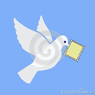 Cartoon white dove with post stamp in beak Stock Photo