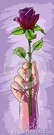 Cartoon white human hand holding violet rose Vector Illustration