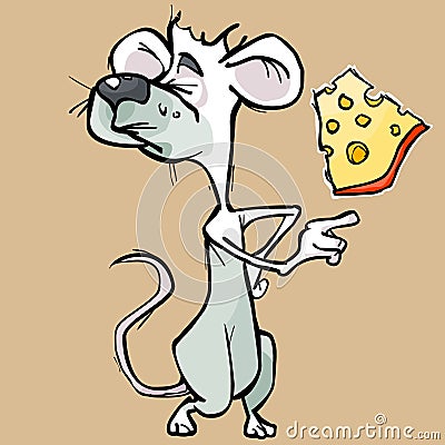 Cartoon white mouse closed her eyes and catches cheese on the fly Vector Illustration