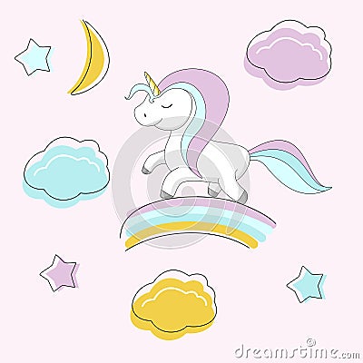 Cute white unicorn with a bright mane on a white background. Vector Illustration