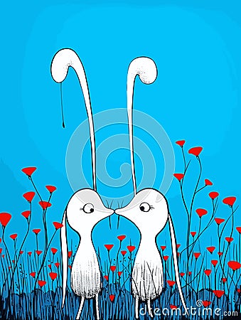 Cartoon White Rabbits Kissing In A Field Of Red Flowers - Cute cute bunnies in love Vector Illustration