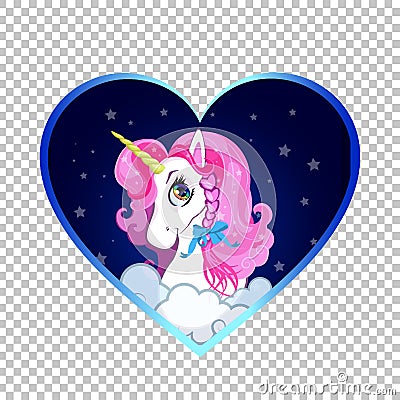 Cartoon white unicorn head portrait inside of night sky heart background Vector Illustration