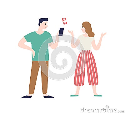 Cartoon wife incriminating at treason of husband vector flat illustration. Annoyed woman talking man flirting chatting Vector Illustration