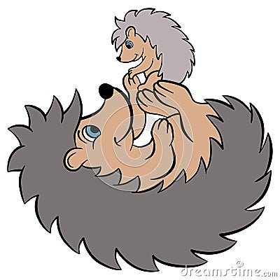 Cartoon wild animals for kids. Mother hedgehog with baby. Vector Illustration
