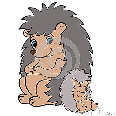 Cartoon wild animals for kids. Mother hedgehog looks at her baby Vector Illustration