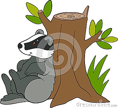 Cartoon wild animals. Little cute badger sits near the stump and smiles Vector Illustration