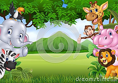 Cartoon wild animals with nature landscape background Vector Illustration