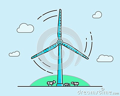 Cartoon wind turbine on light blue background, Ecology concept Vector Illustration