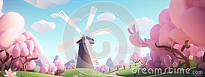 Cartoon windmill in a field of pink flowers and green grass under a blue sky with white clouds Stock Photo