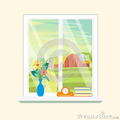 Cartoon Windows Farm Landscape View. Vector Vector Illustration