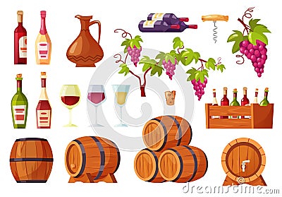 Cartoon wine. Alcohol bottles and barrels, wooden corkscrew, bunch of grapes and glasses of wine isolated vector set Vector Illustration