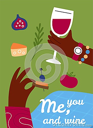 Cartoon wine card. Couple drinking grape alcohol. Summer picnic in park. Hands holding wineglass and snack. Romantic Stock Photo