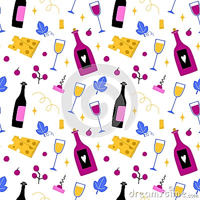 Cartoon wine seamless pattern. Hand drawn bottle and glass, hands hold wineglass, corkscrew cheese and grape, alcoholic drink Vector Illustration