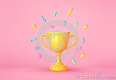 Cartoon winners trophy, champion cup with falling confetti on pink background Stock Photo