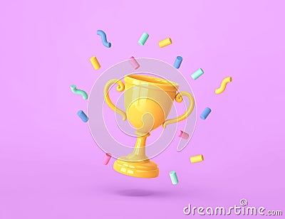 Cartoon winners trophy, champion cup with falling confetti on purple background Stock Photo