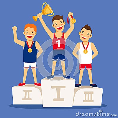 Cartoon winning sportsmen on pedestal Vector Illustration