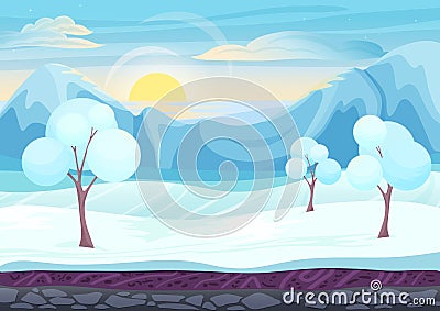 Cartoon winter game style landscape Vector Illustration