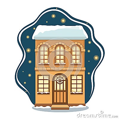Cartoon winter house covered with snow on night background. Vector illustration in flat style Vector Illustration