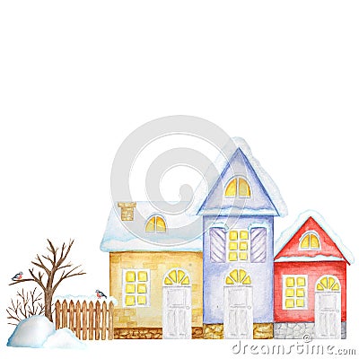Cartoon Winter House with wooden fence and Bullfinch bird couple, snowdrifts. Front view. Watercolor New year Greeting Stock Photo