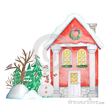 Cartoon Winter House with wooden fence and Bullfinch bird couple, Snowman, snowdrifts, Christmas tree. Front view Stock Photo