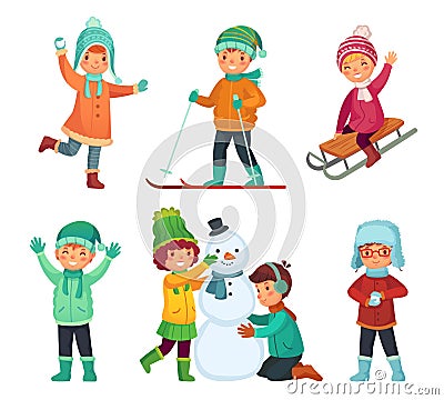 Cartoon winter kids. Children play in winters holiday, sledding and making snowman. Childrens characters vector set Stock Photo