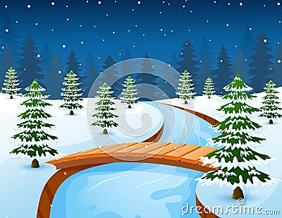 Cartoon winter landscape with forest and small wooden bridge over river Vector Illustration