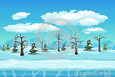 Cartoon winter landscape with ice, snow and cloudy Vector Illustration