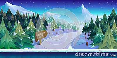Cartoon winter landscape with ice, snow and cloudy sky. vector nature background for games. Vector Illustration