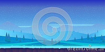 Cartoon winter landscape with ice, snow and cloudy sky. vector nature background for games. Vector Illustration