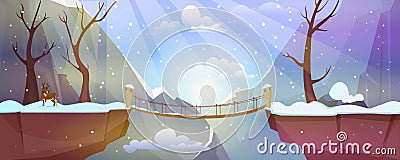 Cartoon winter landscape with mountains, suspension bridge above precipice between cliffs Vector Illustration