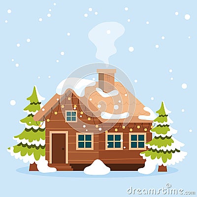 Cartoon winter landscape scene with wooden house, pine trees and snow mountains. Vector Illustration