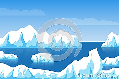 Cartoon winter polar arctic or antarctic ice landscape with iceberg in sea vector illustration Vector Illustration